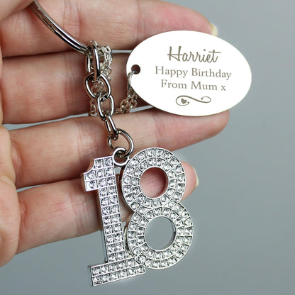 Personalised Swirls & Hearts Diamante 18th Birthday Keyring