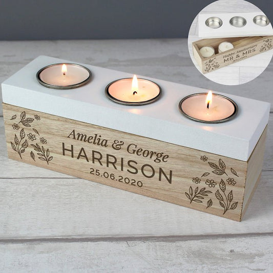 Personalised Floral Triple Tea Light Box from Pukkagifts.uk