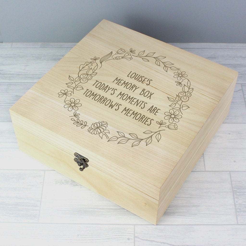 Personalised Floral Wreath Large Wooden Keepsake Box - Myhappymoments.co.uk