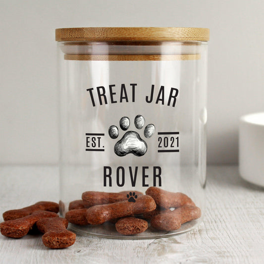 Personalised Pet Treats Glass Jar with Bamboo Lid - Cat or Dog