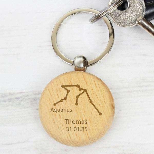 Personalised Aquarius Zodiac Star Sign Wooden Keyring - Myhappymoments.co.uk