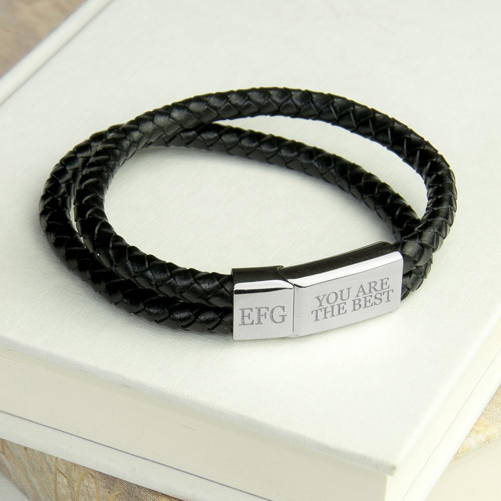 Personalised Men's Dual Leather Woven Bracelet In Black