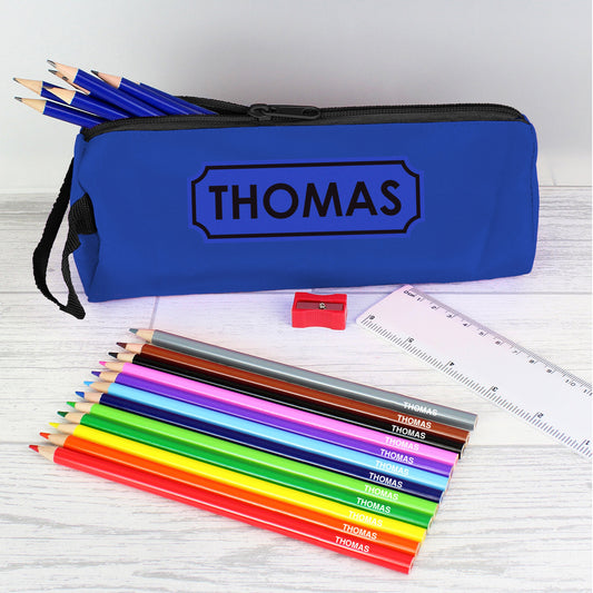 Personalised Blue Pencil Case with Pencils & Crayons