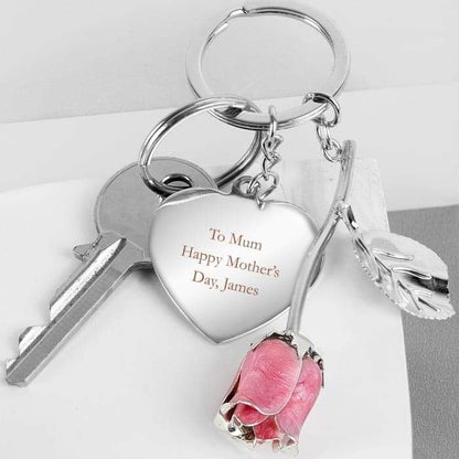 Personalised Silver Plated Pink Rose Keyring - Myhappymoments.co.uk