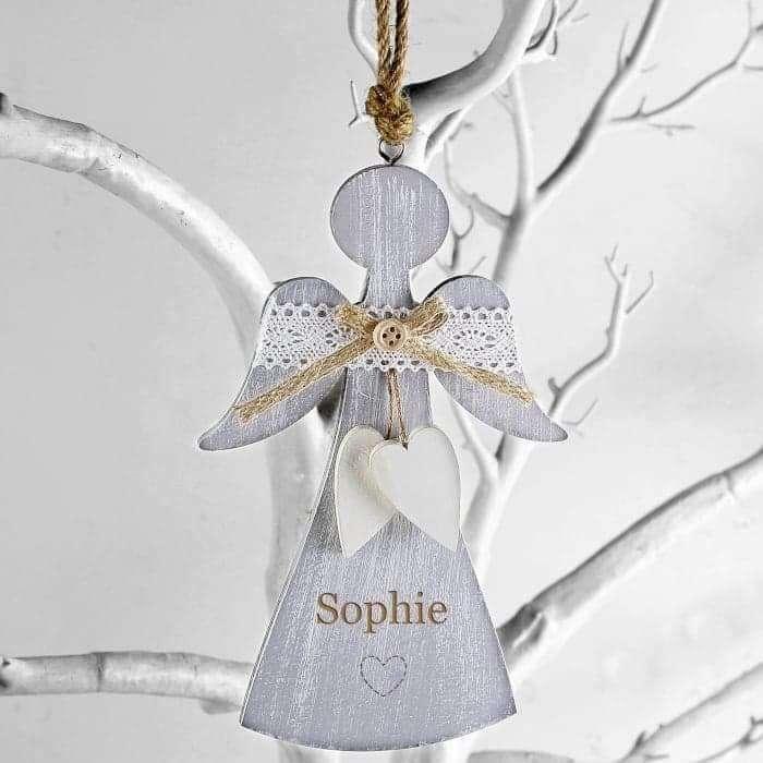 Personalised Hearts Wooden Angel Christmas Tree Decoration - Myhappymoments.co.uk