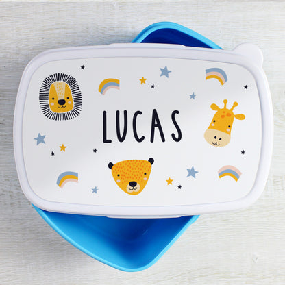 Personalised Safari Animals Blue Lunch Box