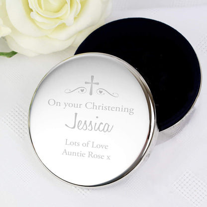 Personalised Religious Swirls & Hearts Round Trinket Box - Myhappymoments.co.uk