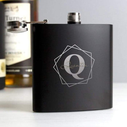 Personalised Geometric Initial Black Hip Flask - Myhappymoments.co.uk