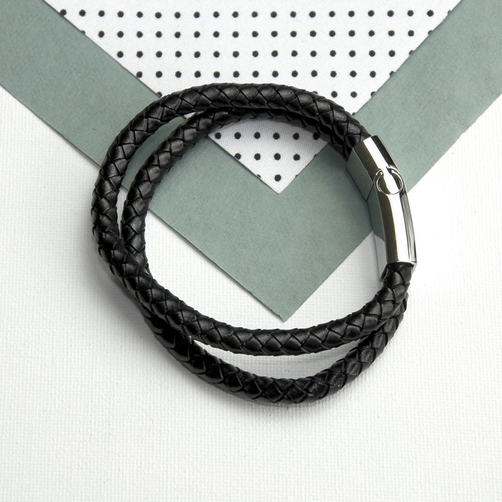 Personalised Men's Dual Leather Woven Bracelet In Black