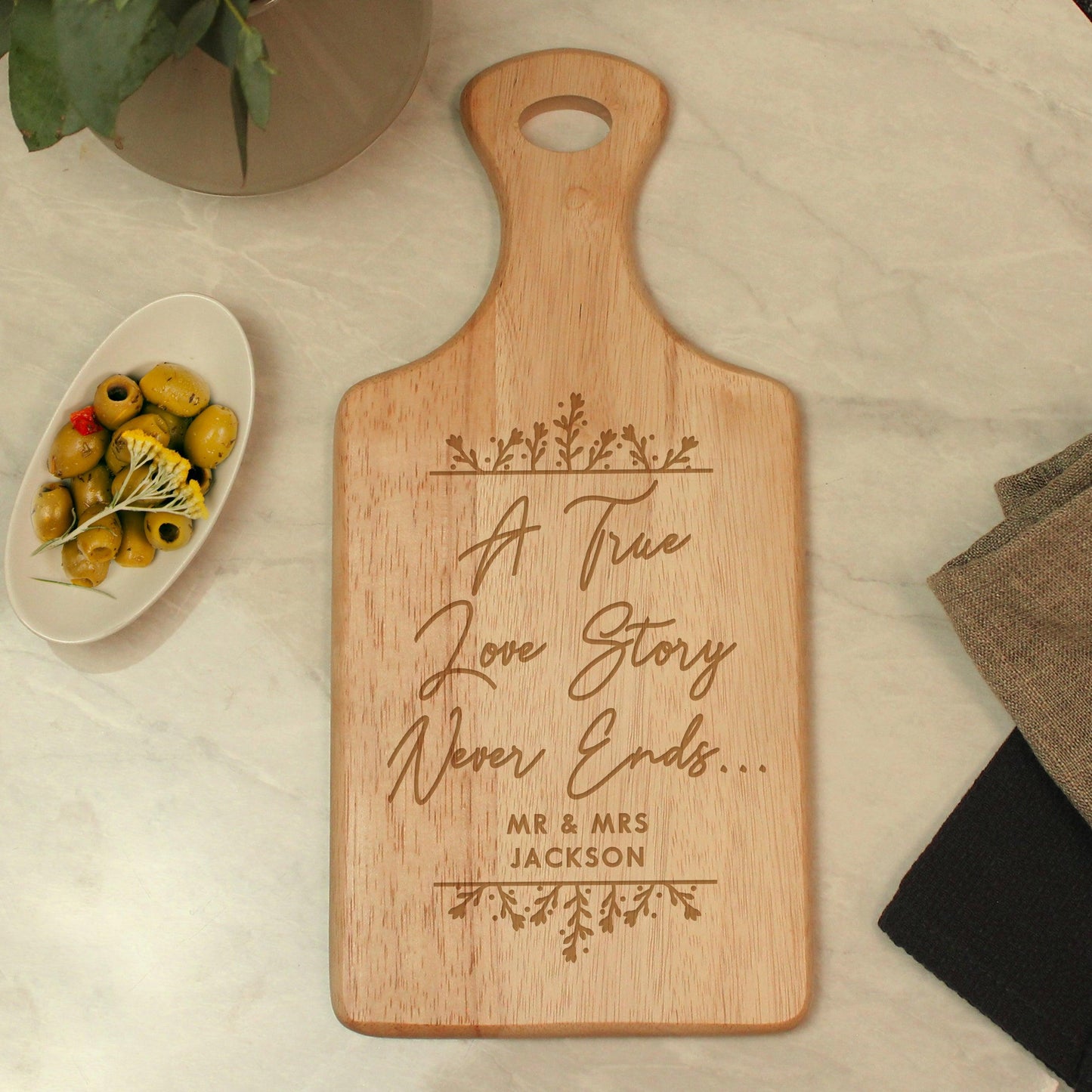 Personalised A True Love Story Never Ends Paddle Chopping Board