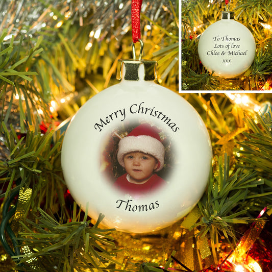 Personalised Upload Photo And Message Bone China Bauble - Myhappymoments.co.uk