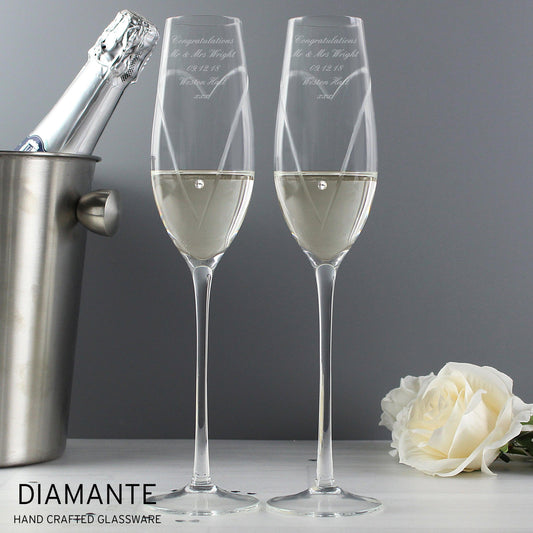 Personalised Diamante Hand Cut Heart Pair of Flute Glasses with Gift Box - Myhappymoments.co.uk