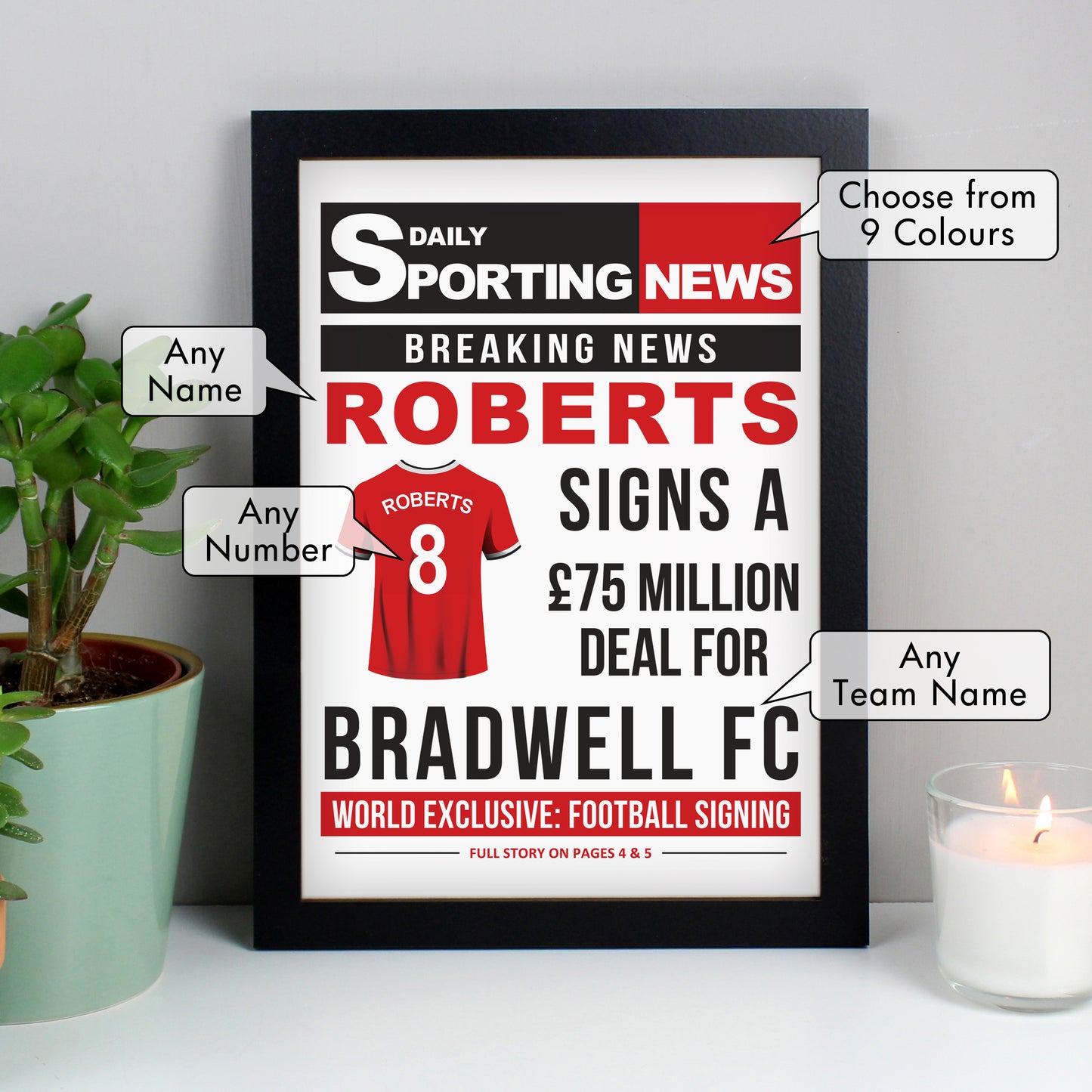 Personalised Football Signing Newspaper A4 Black Framed Print