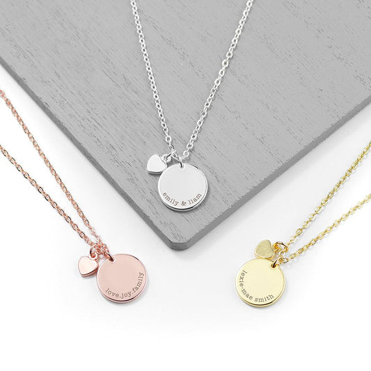 Personalised Polished Heart and Disc Family Necklace