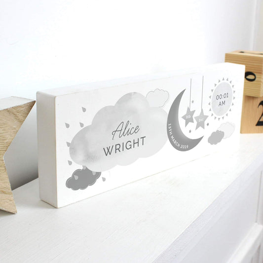 Personalised New Baby Moon & Stars Wooden Block Nursery Sign - Myhappymoments.co.uk