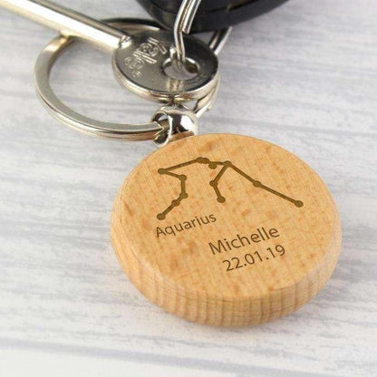 Personalised Aquarius Zodiac Star Sign Wooden Keyring - Myhappymoments.co.uk