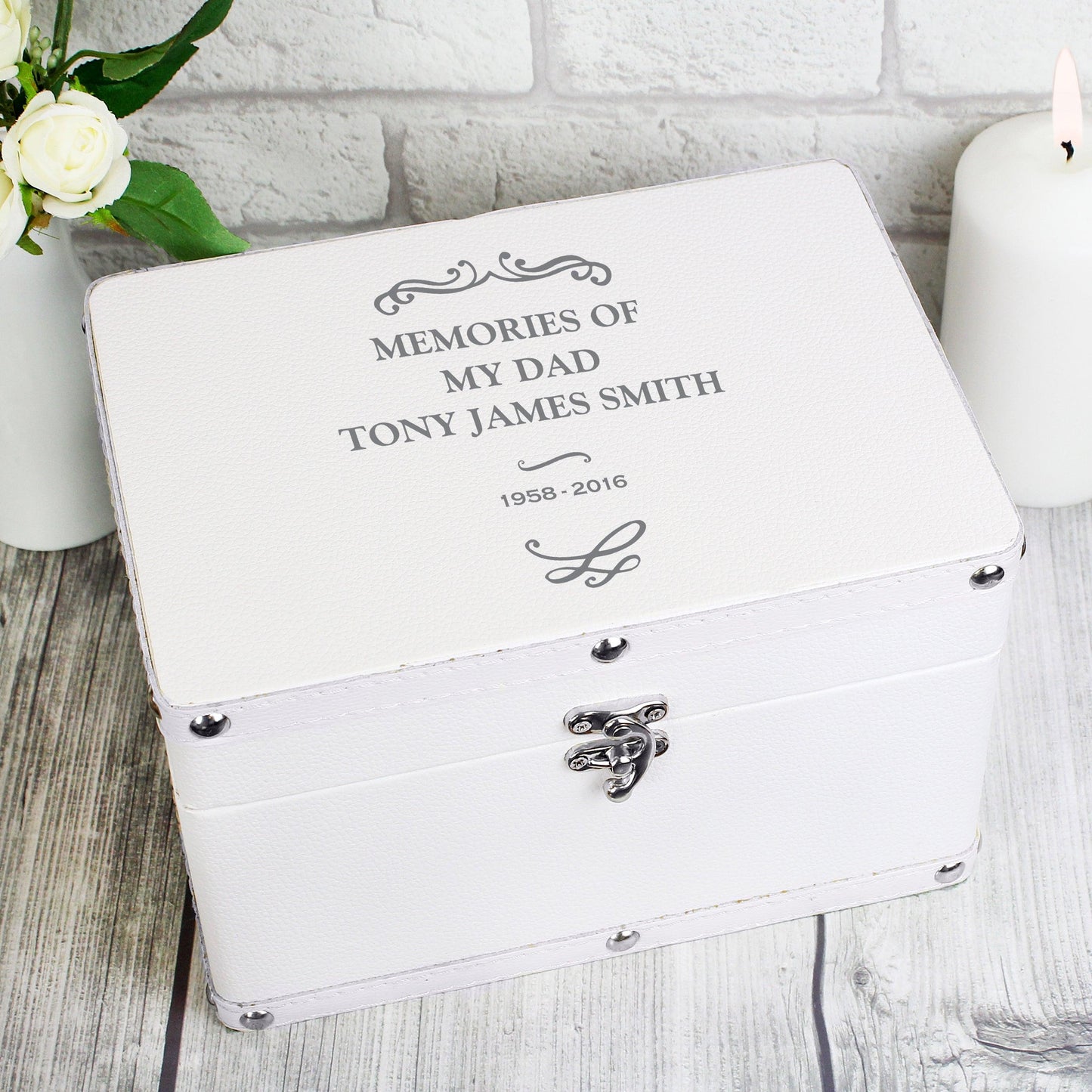 Personalised Antique Scroll White Leatherette Keepsake Box - Myhappymoments.co.uk