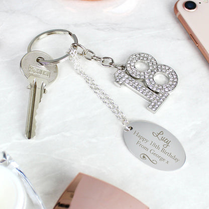 Personalised Swirls & Hearts Diamante 18th Birthday Keyring