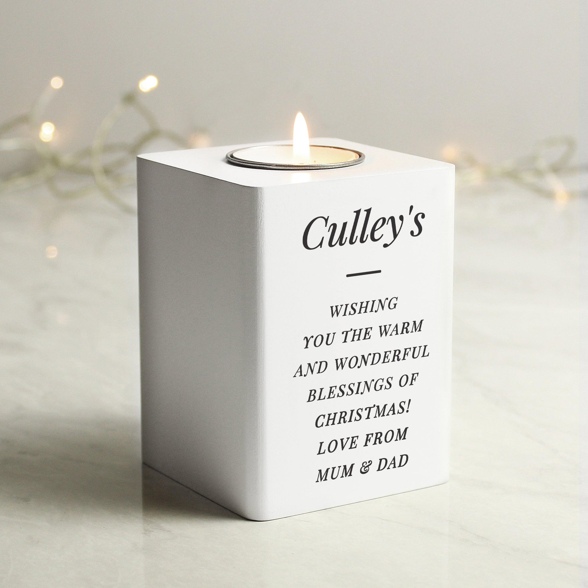 Personalised Free Text White Wooden Tea light Holder