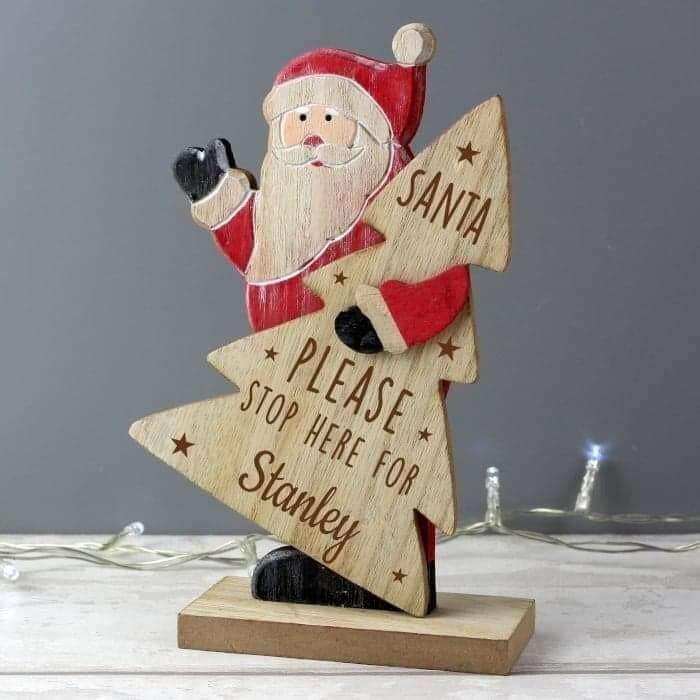 Personalised Santa Stop Here Wooden Santa Freestanding Decoration - Myhappymoments.co.uk