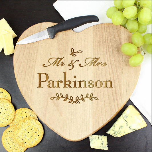 Personalised Mr and Mrs Leaf Heart Chopping Board