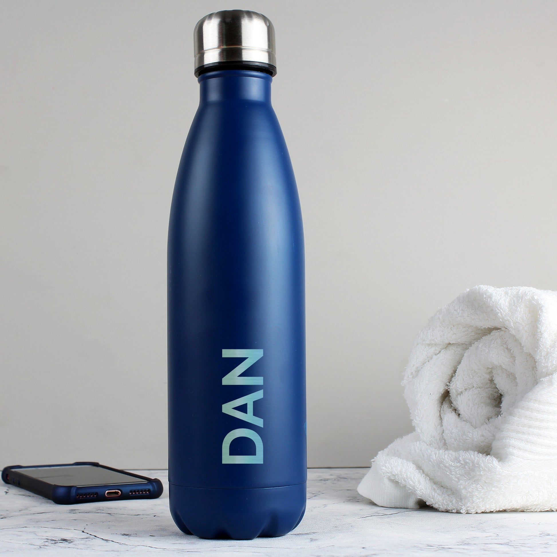 Personalised Bold Name Blue Metal Insulated Drinks Bottle