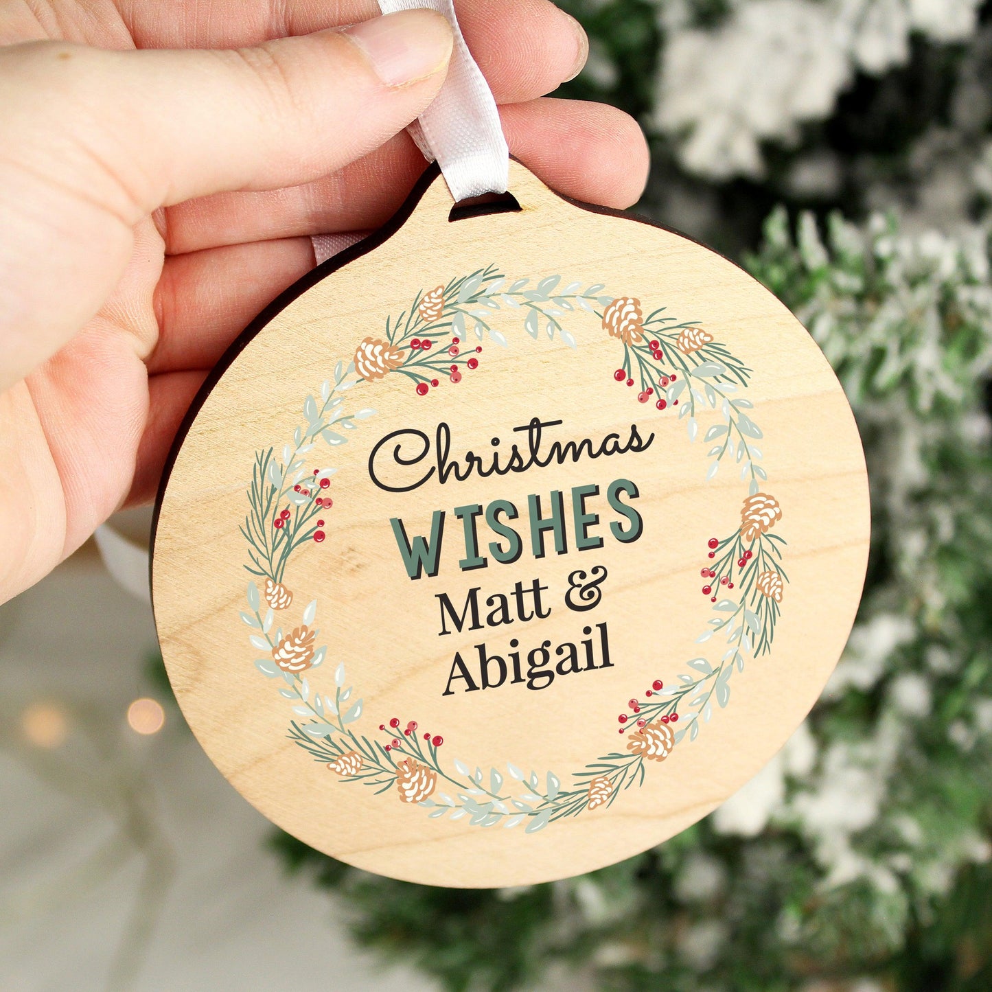 Personalised Wreath Round Wooden Christmas Decoration