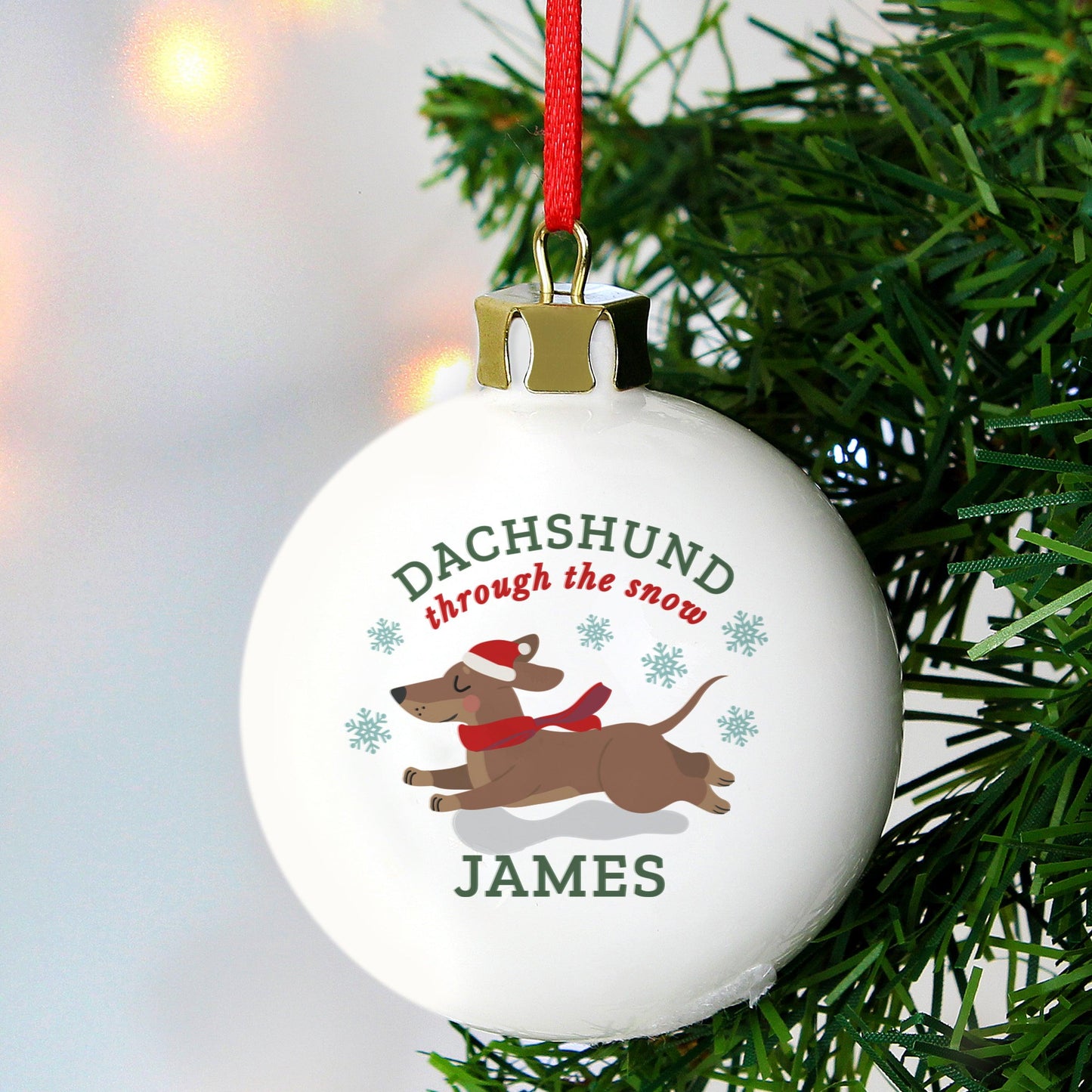 Personalised Dachshund Through The Snow Christmas Bauble