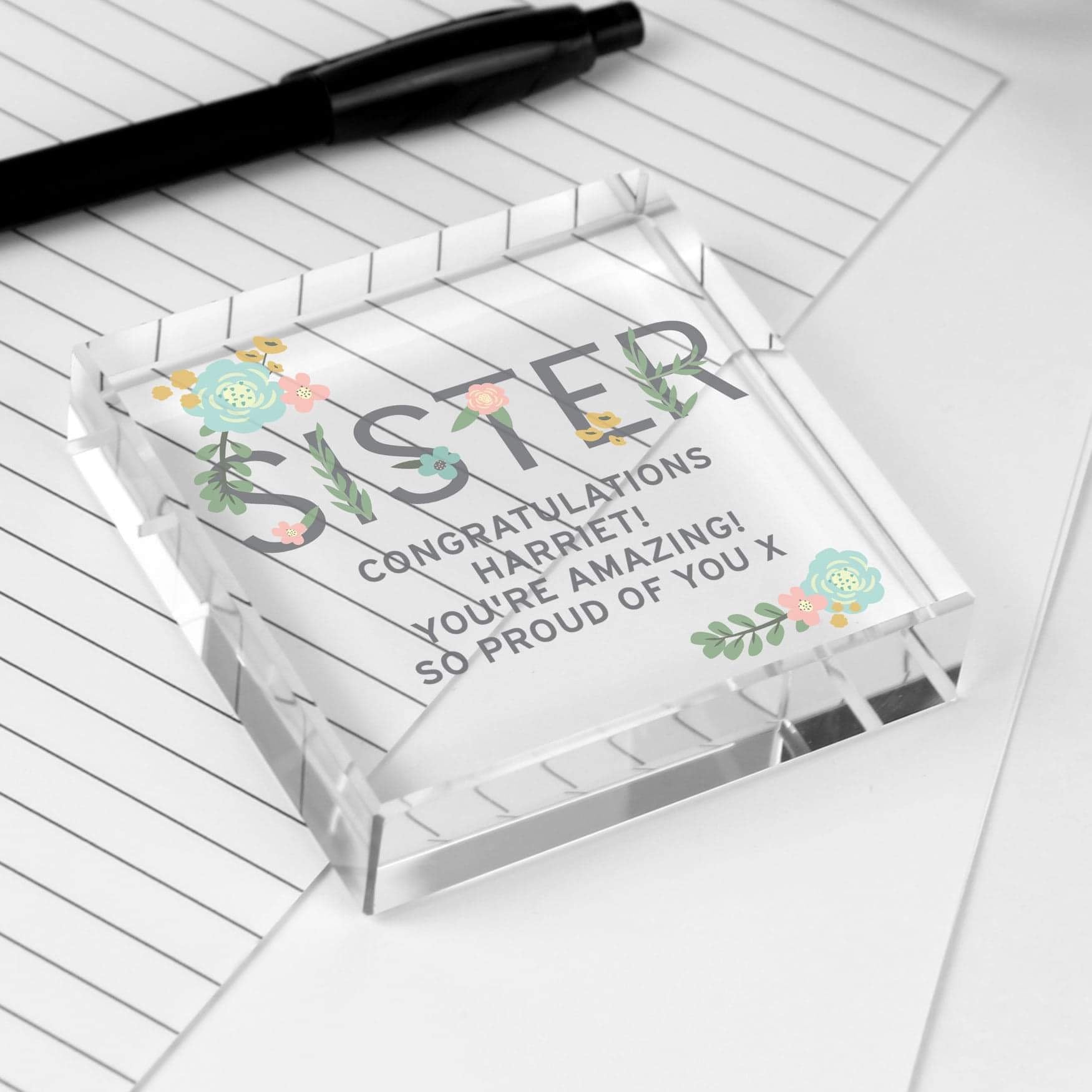 Personalised Floral Sister Large Crystal Token From Pukkagifts.uk