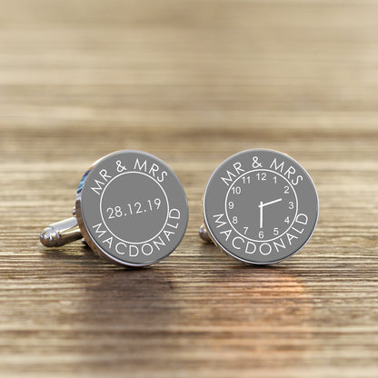 Personalised Mr & Mrs Time Clock Wedding Cufflinks - Myhappymoments.co.uk