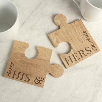 Personalised His & Hers Jigsaw Piece Coaster Set