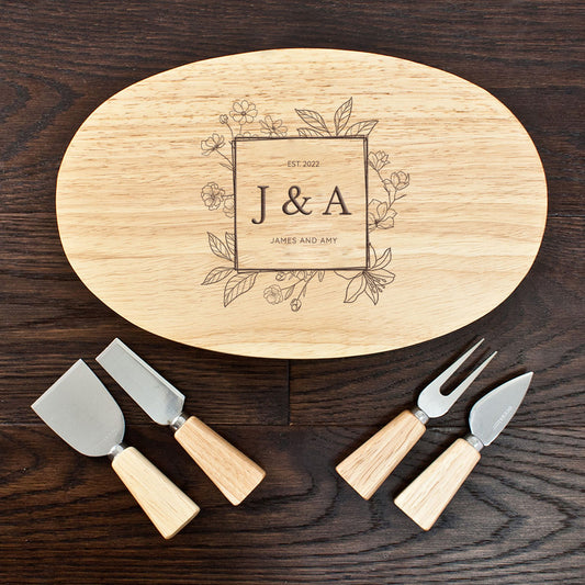 Personalised Floral Frame Oval Wooden Cheese Board Set