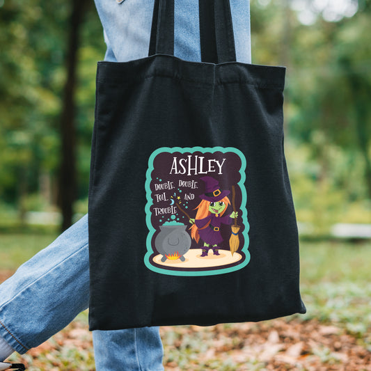 Personalised Toil & Trouble Halloween Treats Black Cotton Bag