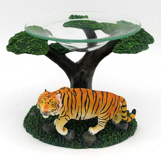 Tiger with Tree Resin Oil and Wax Burner with Glass Dish