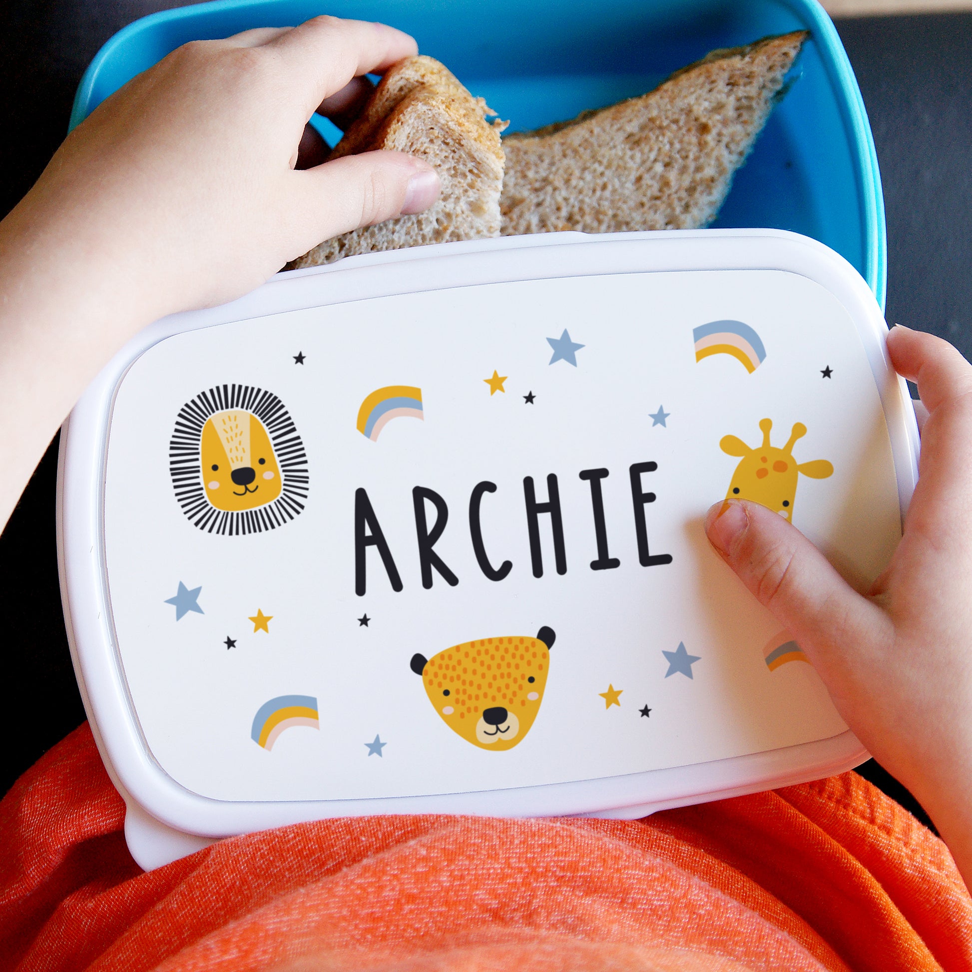 Personalised Safari Animals Blue Lunch Box