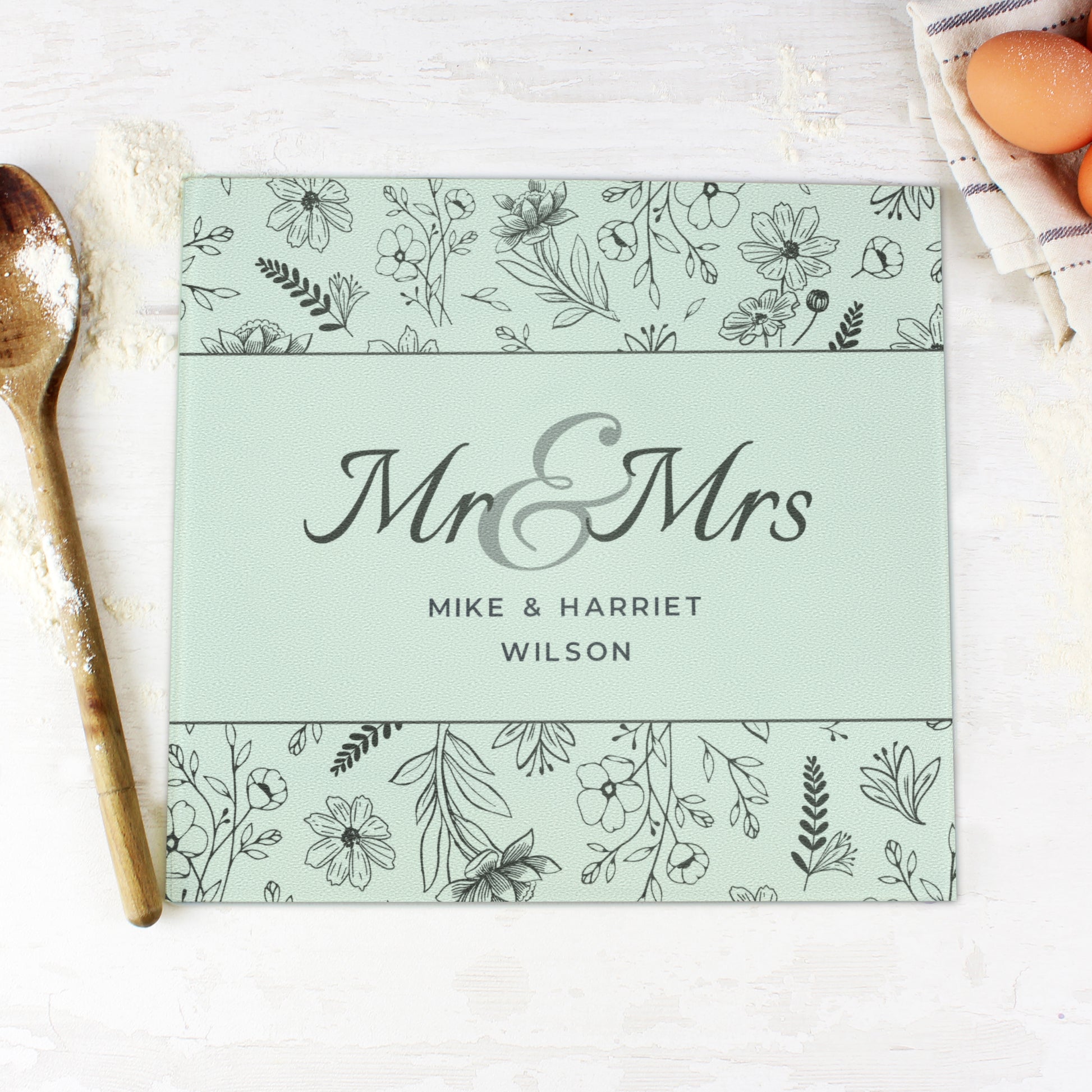 Personalised Mr & Mrs Botanical Glass Chopping Board