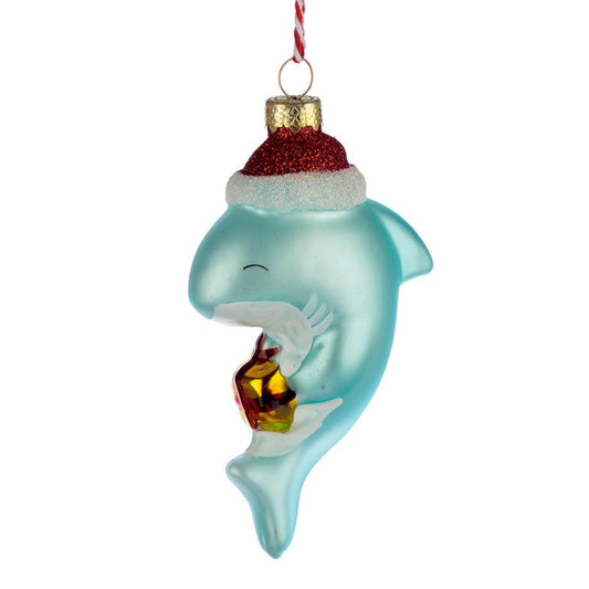 Shark in Santa Hat Glass Christmas Bauble