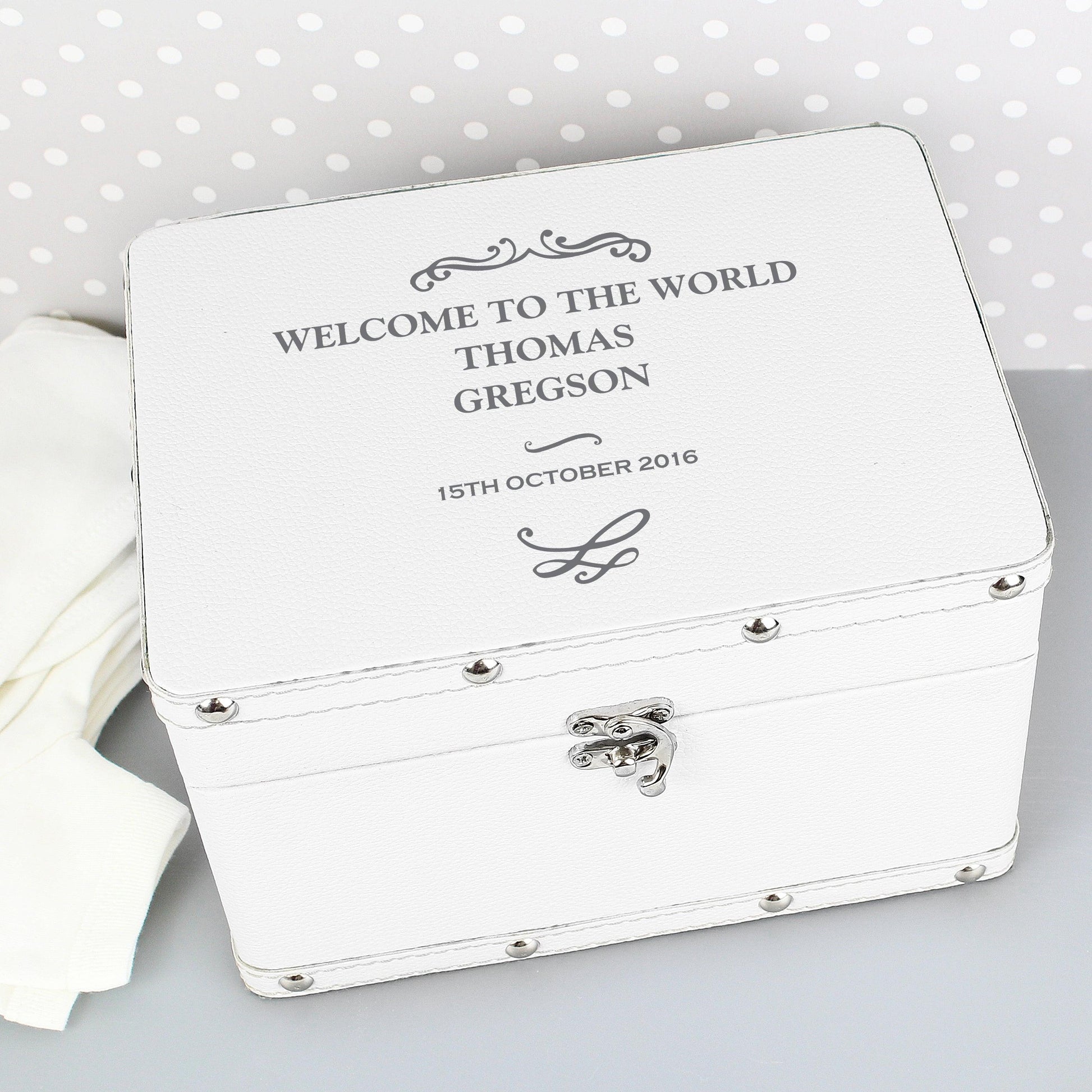 Personalised Antique Scroll White Leatherette Keepsake Box - Myhappymoments.co.uk