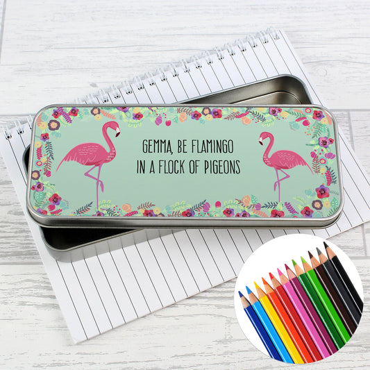 Personalised Flamingo Pencil Tin with Pencil Crayons