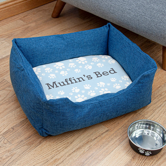 Personalised Blue Comfort Dog Bed with Blue Paw Print Design