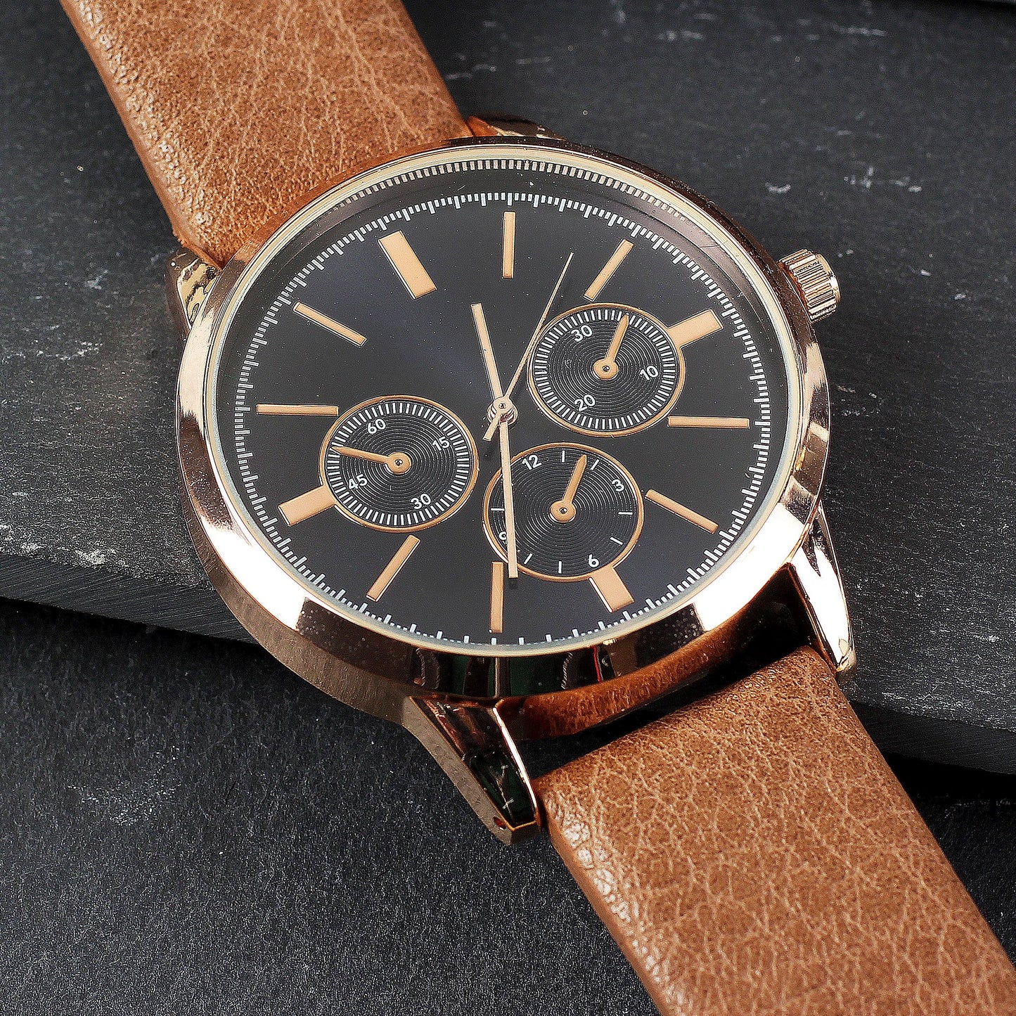 Personalised Mens Rose Gold Tone Watch with Brown Strap and Presentation Box