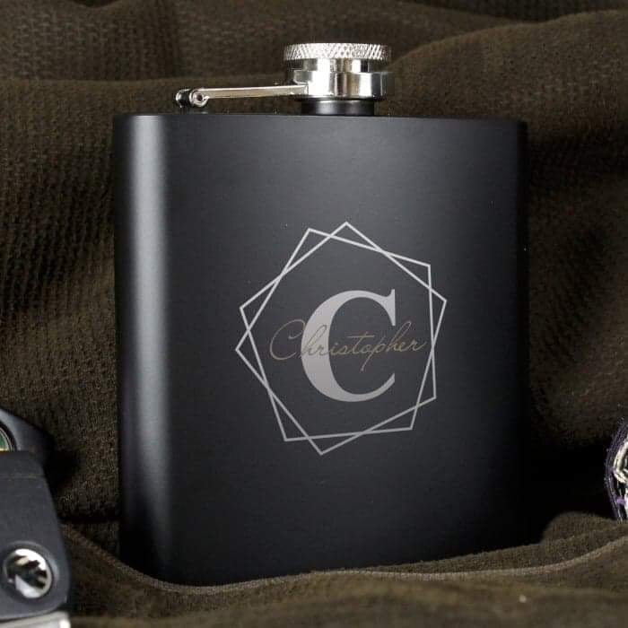 Personalised Geometric Initial Black Hip Flask - Myhappymoments.co.uk