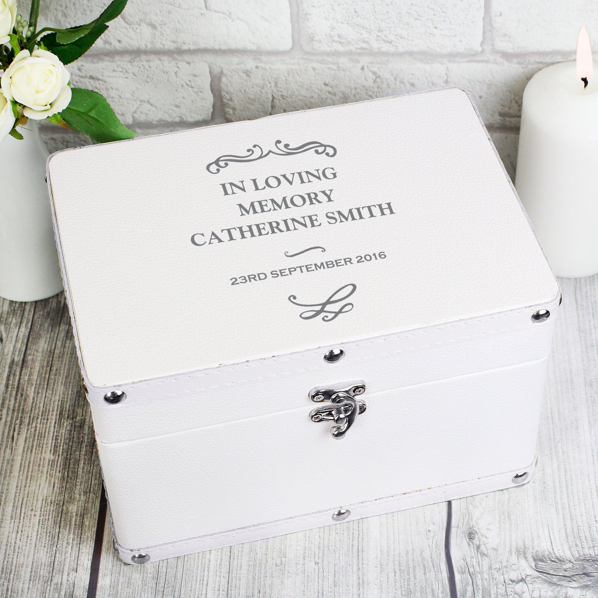 Personalised Antique Scroll White Leatherette Keepsake Box - Myhappymoments.co.uk