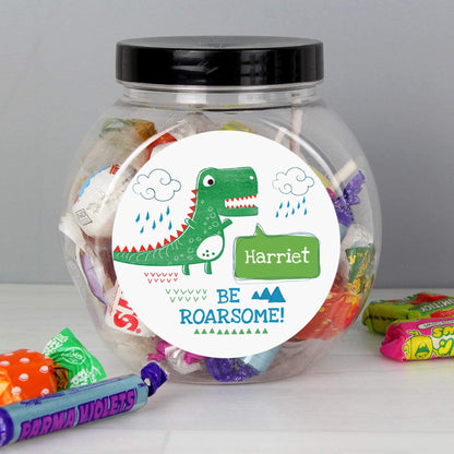 Personalised Be Roarsome Dinosaur Sweet Jar - Myhappymoments.co.uk