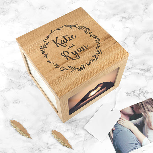 Personalised Couple's Oak Photo Keepsake Box with Wreath Design