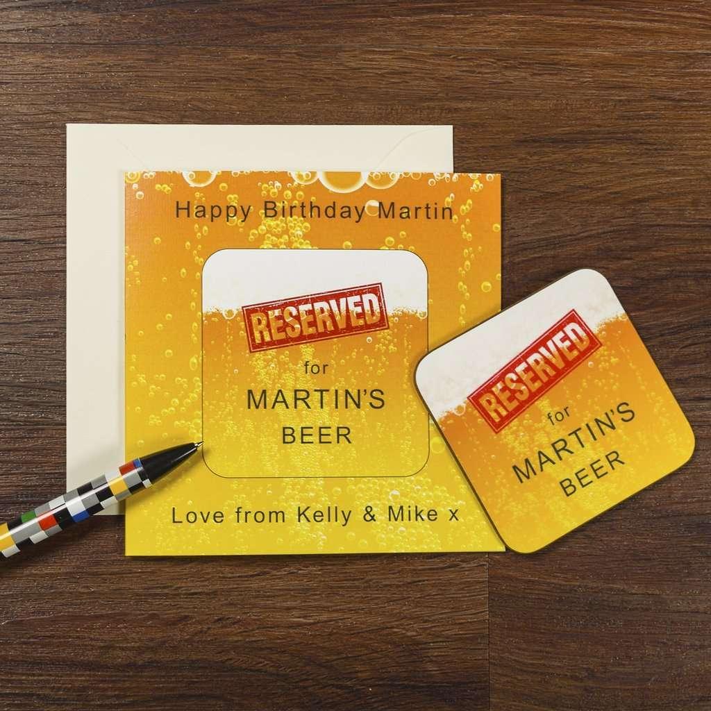 Personalised RESERVED for .... BEER Card With Coaster - Myhappymoments.co.uk