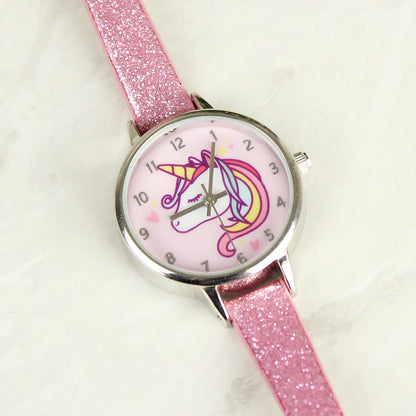 Personalised Girls Unicorn with Pink Glitter Strap Watch