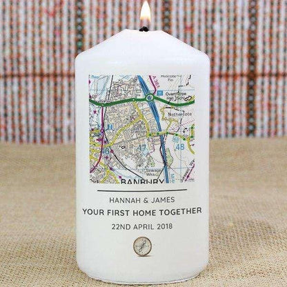 Personalised Present Day Map Compass Pillar Candle - Myhappymoments.co.uk