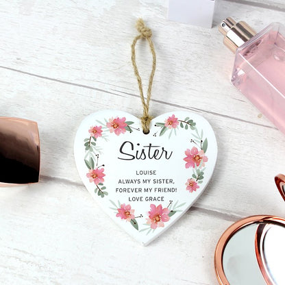 Personalised Floral Sentimental Wooden Hanging Heart Decoration