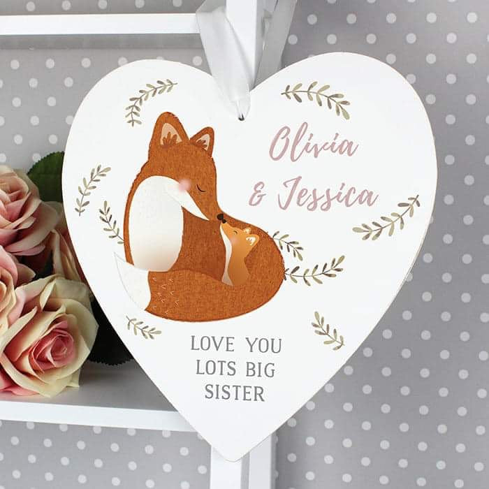 Personalised Mummy and Me Fox 22cm Large Wooden Heart Decoration - Myhappymoments.co.uk